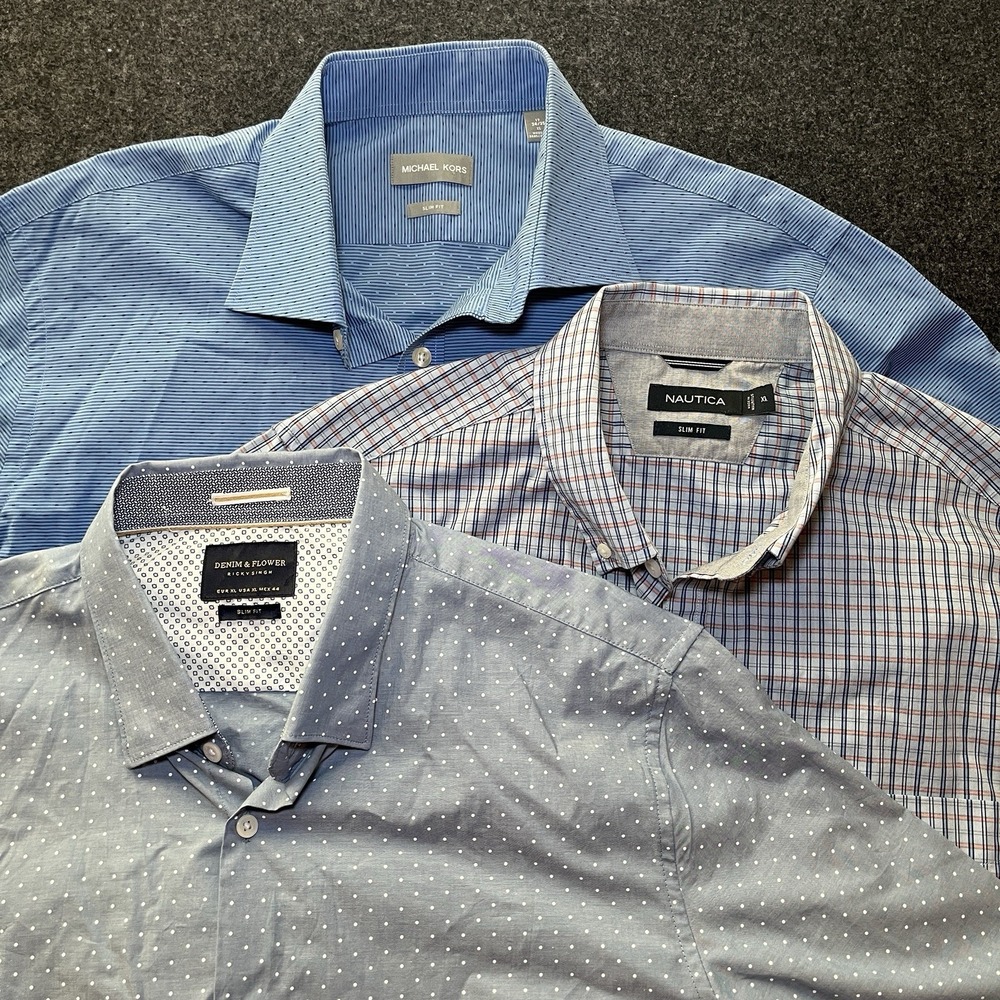 Set of 3 Blue Long Sleeve Button Up Shirts Slim Fit Mens XL
